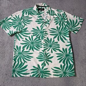 Malibu Mens M Short Sleeve Button Up White Green‎ Floral Camp Collar Shirt